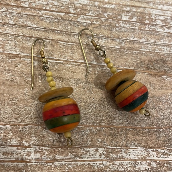 Vintage Wooden Beaded Dangle Drop Statement Earrings - Picture 1 of 2